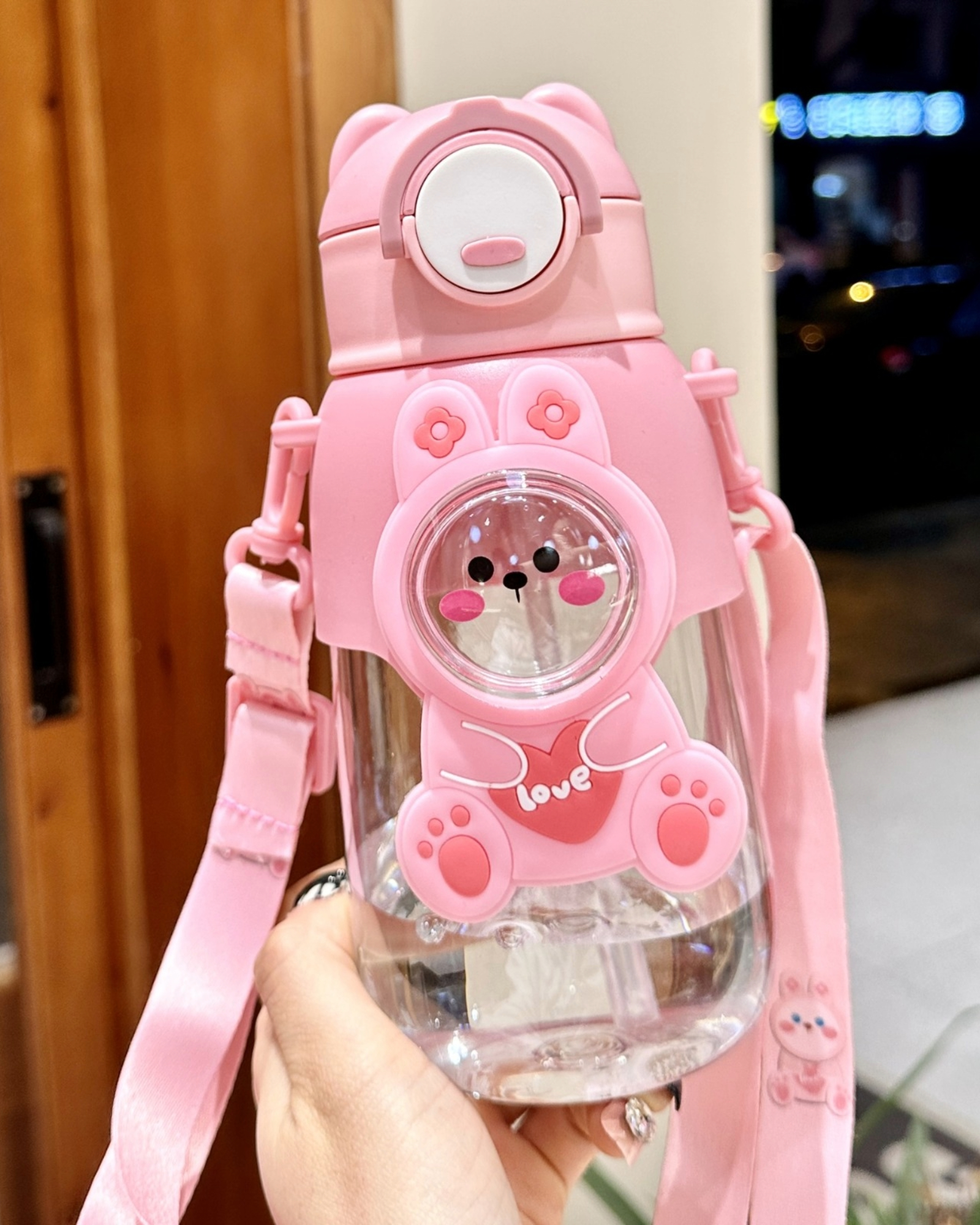 Cute  PINK Cartoon Water Bottle with Straw